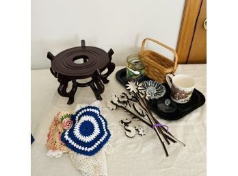 Odds And Ends Lot: Doilies, Tray, Mug, Basket, Etc.