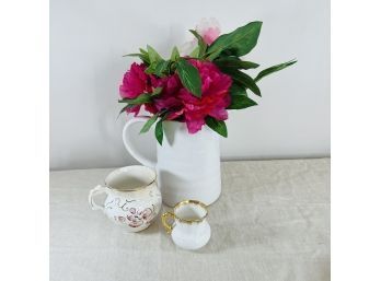 Ceramic Pitcher With Faux Flowers And Two Vintage Handled Cups