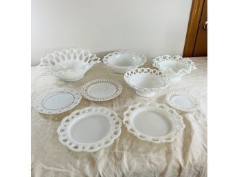 Vintage Reticulated Glass Bowls And Plates In White