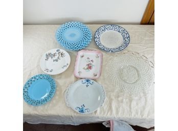 Vintage Blue Reticulated Glass, Clear Glass Platter And Other Serving Pieces