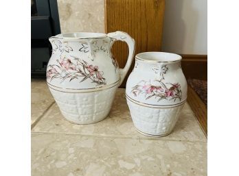 Vintage Pitcher And Vase With Florals And Gold Accents