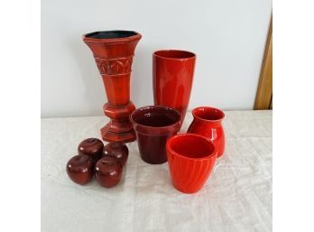 Red Vases And Four Wood Apples