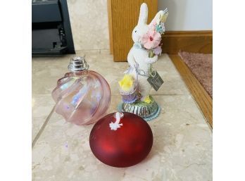 Rabbit Figure, Pink Ornament And Red Globe With Wick