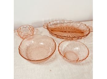 Vintage Pink Glass Dishes: Divided Dish, Bowls And Handled Cup