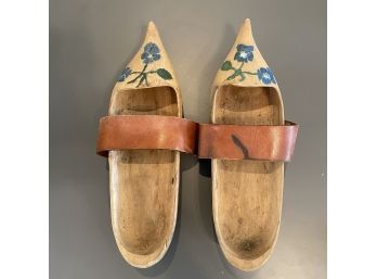 Unique Vintage Wooden Clogs With Painted Flowers And Leather Straps