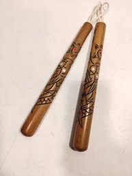 Decorative Teak Nunchucks - Hand Carved W/inlays 2 Of 2
