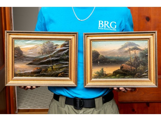 Pair Of Hudson River School Style Oil Paintings On Paper Mounted On Board And Framed - As Is