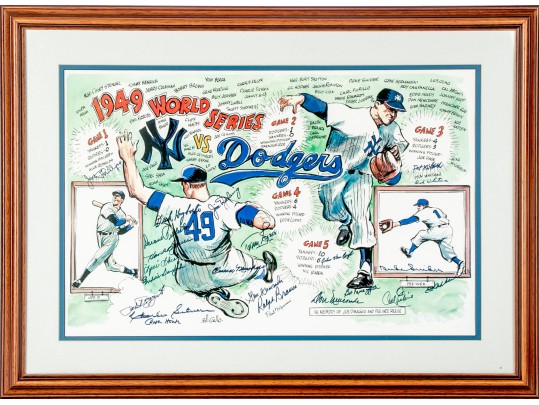 1949 Dodgers Vs Yankees Lithograph With Autographs: Rizzuto, Newcomb, Snider And More