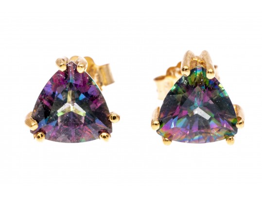 An Eye-Catching Pair Of 14K Gold And Mystic Topaz Stud Earrings