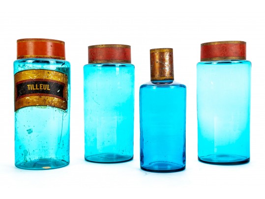 Four Antique French Blue Glass Apothecary Jars 