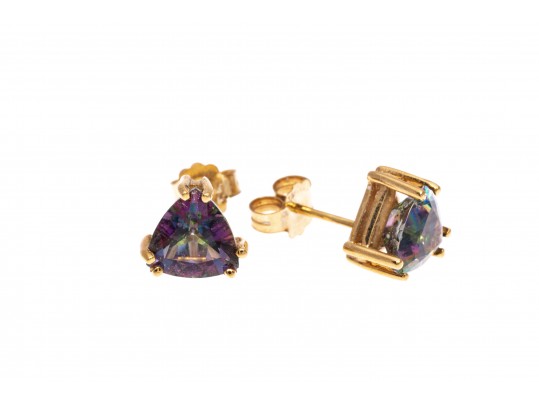 An Eye-Catching Pair Of 14K Gold And Mystic Topaz Stud Earrings