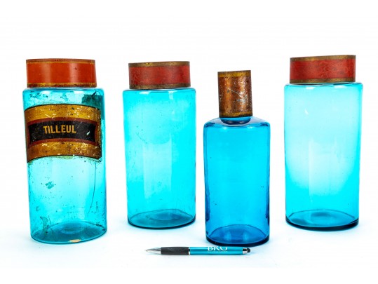Four Antique French Blue Glass Apothecary Jars 