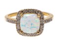10K Square Cabochon White Opal And Diamond Halo Ring, Size 7