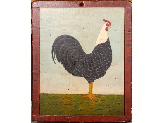 Original Warren Kimble (Vermont) Folk Art Oil Painting On Reclaimed Wood Titled Rooster Facing East