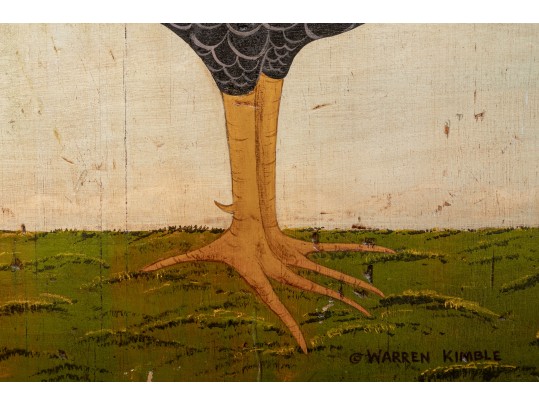 Original Warren Kimble (Vermont) Folk Art Oil Painting On Reclaimed Wood Titled Rooster Facing East