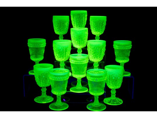 Uranium Glass Goblets In L. Wright Daisy & Button And Adams Wildflower Patterns