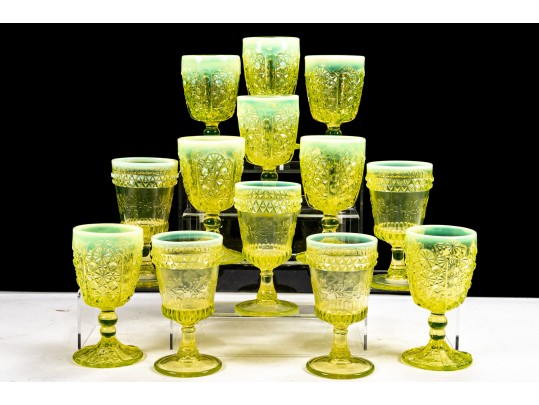 Uranium Glass Goblets In L. Wright Daisy & Button And Adams Wildflower Patterns