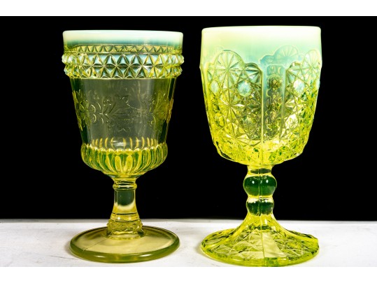 Uranium Glass Goblets In L. Wright Daisy & Button And Adams Wildflower Patterns