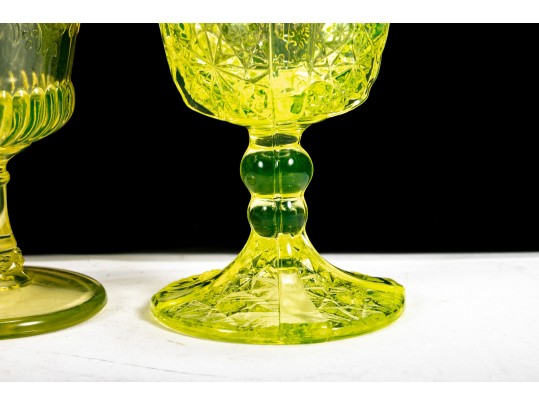 Uranium Glass Goblets In L. Wright Daisy & Button And Adams Wildflower Patterns