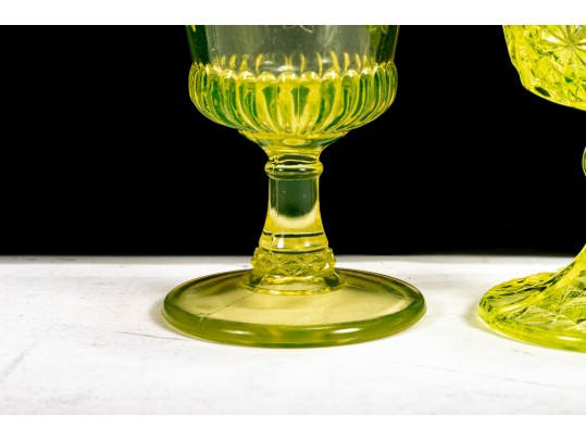 Uranium Glass Goblets In L. Wright Daisy & Button And Adams Wildflower Patterns
