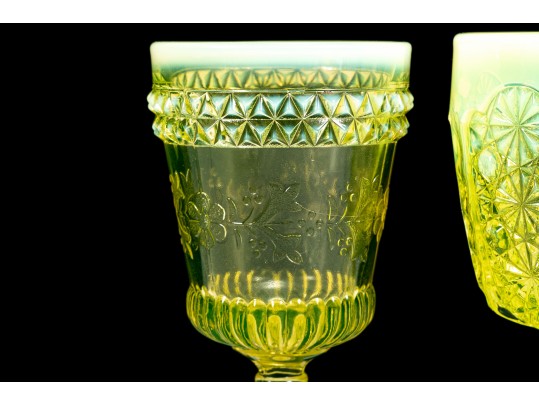Uranium Glass Goblets In L. Wright Daisy & Button And Adams Wildflower Patterns
