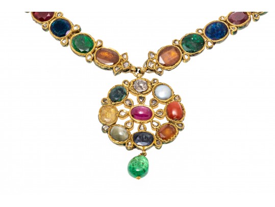 18k Yellow Gold Majestic Reversible Navaratna Necklace