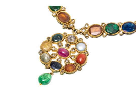 18k Yellow Gold Majestic Reversible Navaratna Necklace