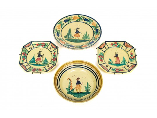 Fine Collection Of 4 HB Quimper, Yellow Ground, Ceramic Dishes
