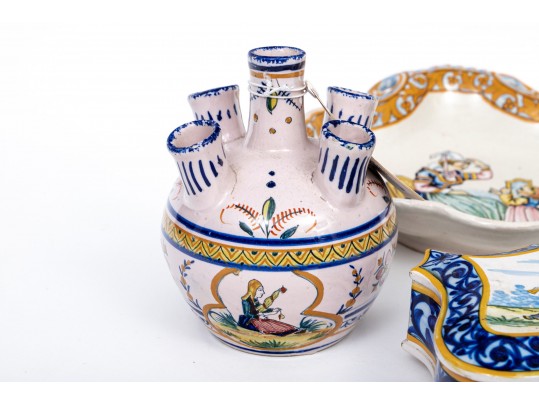 Fine Collection Of 4 Quimper Ceramic Wares, Late 19th C. To Early 20th C.