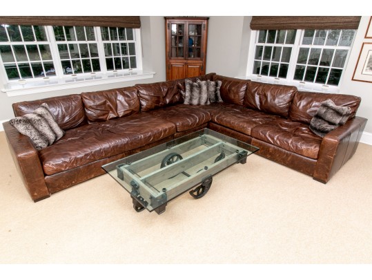 Restoration Hardware Brown L Shaped Distressed Leather Sectional Sofa