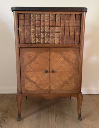 MARBLE TOP FRENCH SIDE TABLE WITH FAUX BOOK TAMBOUR DOOR