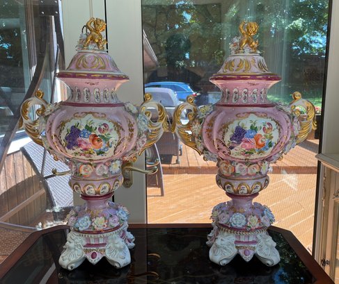 PR OF RICHARD KLEMM DRESDEN HANDPAINTED CHERUB URNS