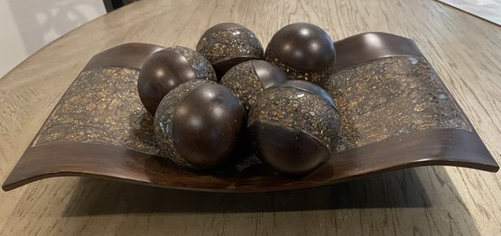 Decorative Centerpiece Bowl With 6 Matching Orbs- Coffee Table Decor With Resin Sphere Balls