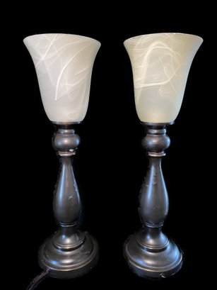 PR OF PORTABLE TABLE LAMPS WITH WHITE ALABASTER SHADES