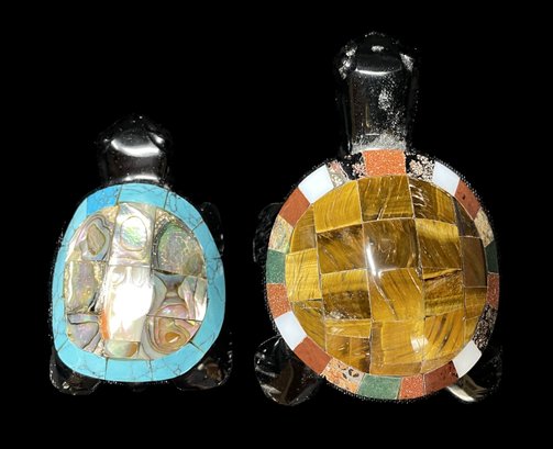 PR OF OBSIDIAN TIGERS EYE ABALONE SHELL CARVED TURTLES