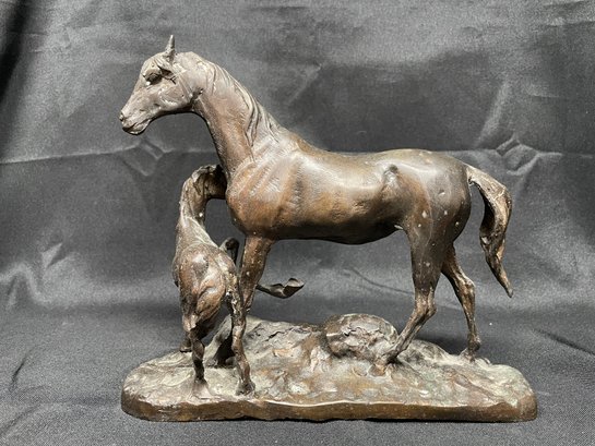 SOLID BRONZE HORSE AND FOAL SCULPTURE
