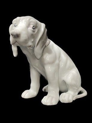 ANTIQUE GEBRUDER HEUBACH PORCELAIN WHITE-GRAY SEATED DOG FIGURINE
