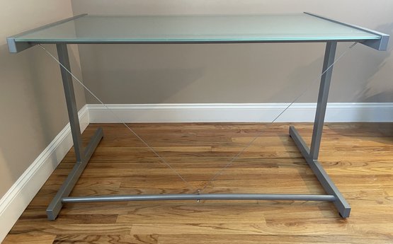 CRATE AND BARREL FROSTED GLASS TOP METAL OFFICE DESK