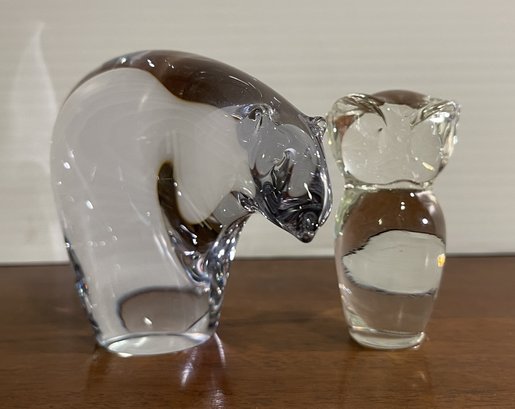 CLEAR GLASS POLAR BEAR AND OWL FIGURINES