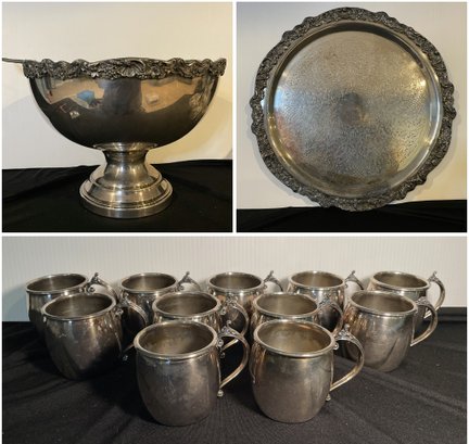 SILVER PLATED PUNCH BOWL WITH CUPS & TRAY FROM F.B.ROGERS SILVER CO.