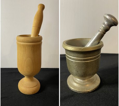 PR OF VINTAGE WOOD AND PEWTER MORTAR AND PESTLE