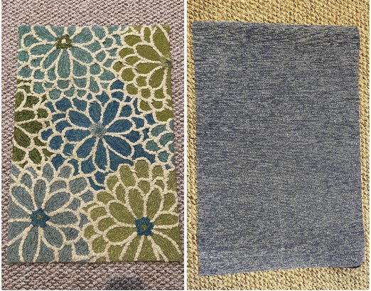 GREEN-BLUE FLORAL AND CHILEWITH BLUE HEATHERED SHAG DOORMATS