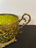 ANTIQUE BRASS FOOTED GREEN GLASS GOLD TRIMMED LIDDED JAR