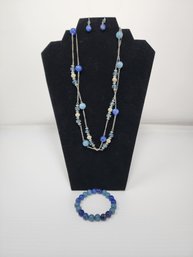 VINTAGE RMN BLUE BEADED NECKLACE, EARRINGS AND BRACELET