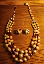 VINTAGE TRIFARI TRIPLE STRAND BEADED NECKLACE WITH MATCHING EARRINGS