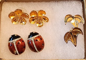 PR OF STERLING SILVER LADY BUG EARRINGS AND 2 PR OF GOLD TONE EARRINGS