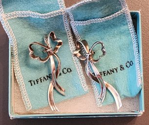 PR OF TIFFANY AND CO STERLING SILVER LONG RIBBON BOW EARRINGS