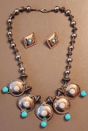 SOUTHWESTERN TURQUOISE AND SILVER TONE NECKLACE AND EARRINGS