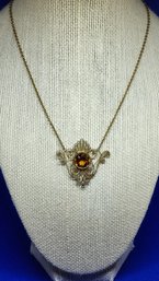 16' CHAIN WITH ANTIQUE VICTORIAN FILIGREE PENDANT WITH CENTER GEMSTONE