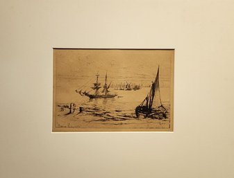 ANTIQUE 1870 FRANCES SEYMOUR HADEN ETCHING ON PAPER 'AT PURFLEET'